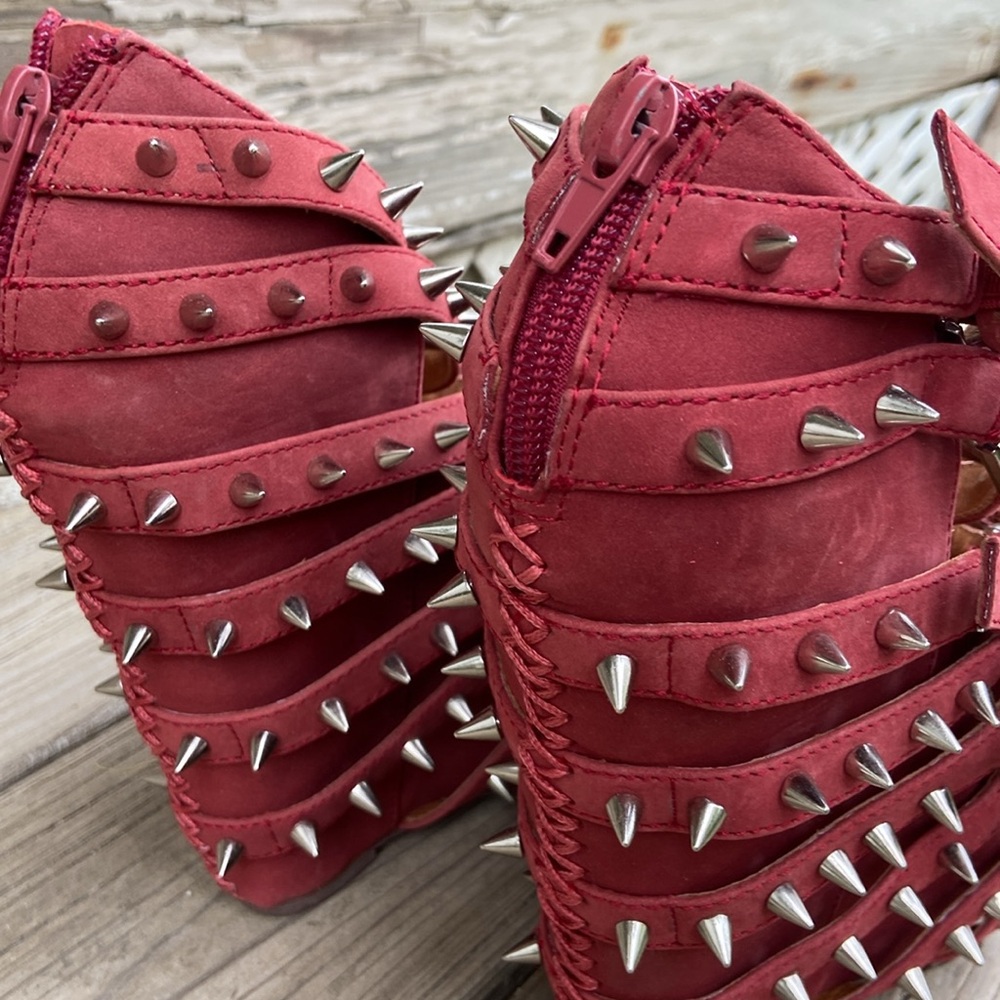 Jeffrey Campbell Zip-2 Stud Brick Red Nubuck Leather Wedge Shoes Women's Size 6 - Picture 9 of 14